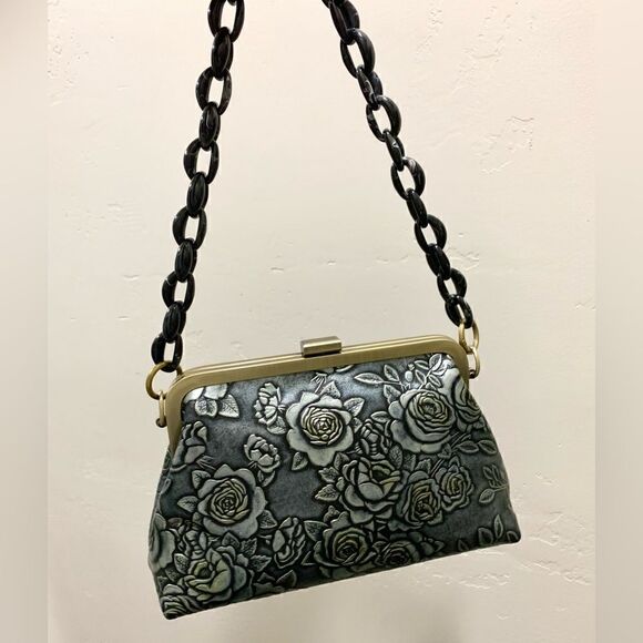 Gray Roses Handmade Embossed Cowhide Push-lock Clutch/Shoulder Bag, Crossbody - Picture 12 of 14